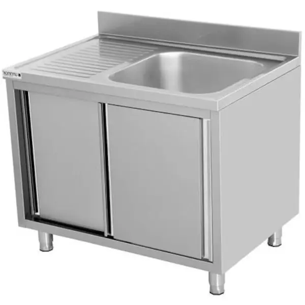 RVS spoeltafel met achteropstand |  1 spoelbak rechts - druipvlak links | 2 schuifdeuren | 1000x700x850(h)mm