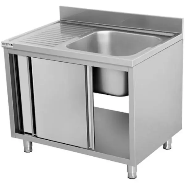 RVS spoeltafel met achteropstand |  1 spoelbak rechts - druipvlak links | 2 schuifdeuren | 1000x700x850(h)mm