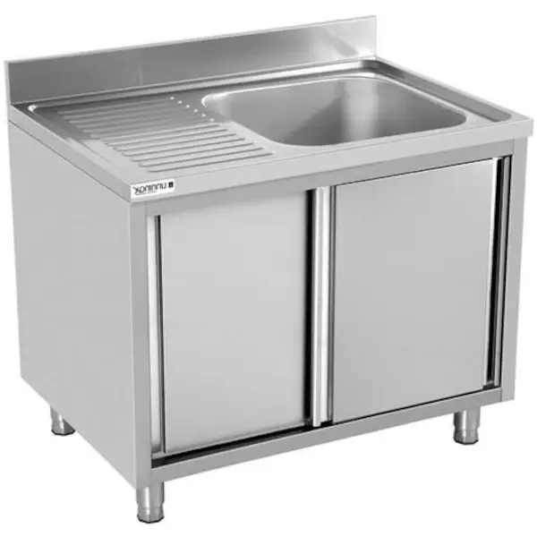 RVS spoeltafel met achteropstand |  1 spoelbak rechts - druipvlak links | 2 schuifdeuren | 1200x700x850(h)mm