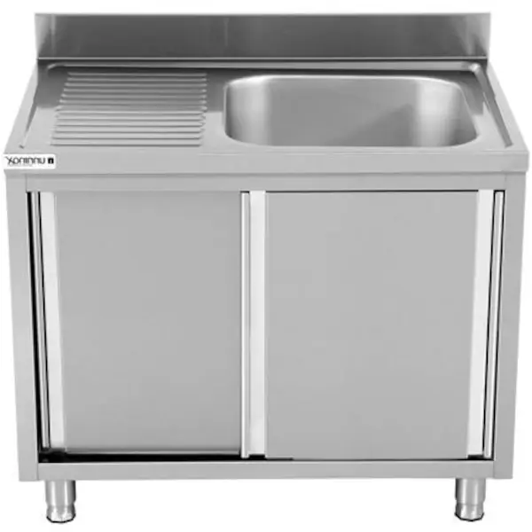 RVS spoeltafel met achteropstand |  1 spoelbak rechts - druipvlak links | 2 schuifdeuren | 1400x700x850(h)mm