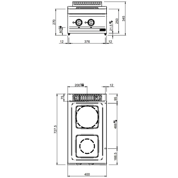 Fornuis | MAGISTRA PLUS 700 | Elektrisch | 2 Kookpunten (220x220) | 5.2kW (400V) | 400x714x250(h)mm