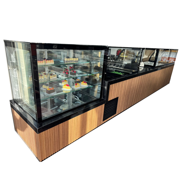 Complete lijn | SHOWROOMMODEL | Bain-Marie (3x 1/1GN) | Saladette (3x 1/1GN) | Neutrale vitrine | Koelvitrine | Kassa Unit | 4950mm