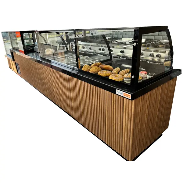 Complete lijn | SHOWROOMMODEL | Bain-Marie (3x 1/1GN) | Saladette (3x 1/1GN) | Neutrale vitrine | Koelvitrine | Kassa Unit | 4950mm