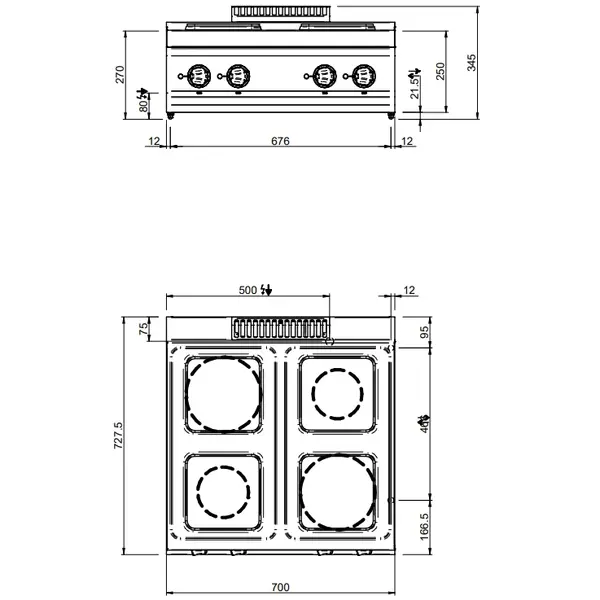 Fornuis | MAGISTRA PLUS 700 | Elektrisch | 4 Kookpunten (Ø145/200) | 8.2kW (400V) | 700x714x250(h)mm