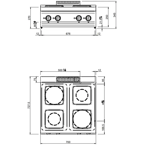 Fornuis | MAGISTRA PLUS 700 | Elektrisch | 4 Kookpunten (220x220) | 10.4kW (400V) | 700x714x250(h)mm