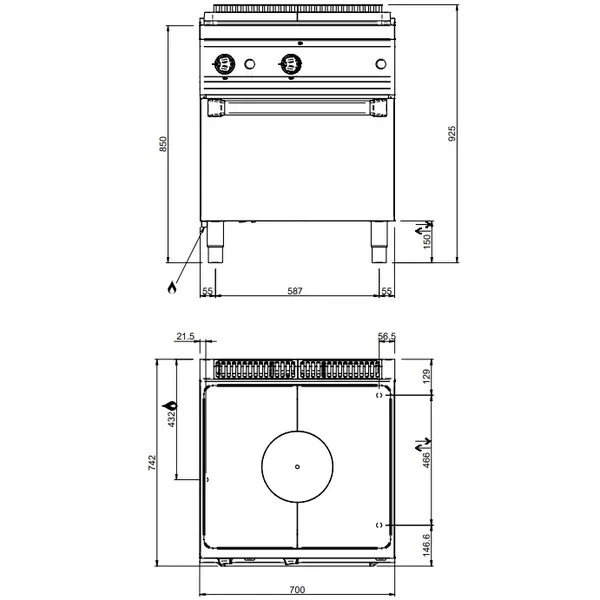 Doorkookplaat + Oven | MAGISTRA PLUS 700 | Gas | 9kW + 2/1 GN Oven (6kW) | Piëzo Ontsteking | 700x714x850(h)mm
