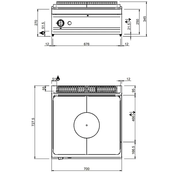 Doorkookplaat | MAGISTRA PLUS 700 | Gas | 9kW | Piëzo Ontsteking | 700x714x250(h)mm