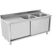 UNNINOX Spoeltafel | RVS | 2 Spoelbakken Rechts + Achteropstand + Schuifdeuren | 2000x700x850(h)mm