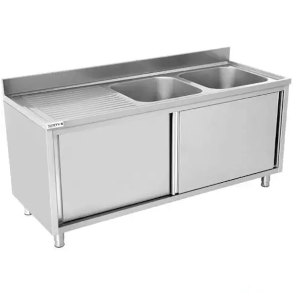 Spoeltafel | RVS | 2 Spoelbakken Rechts + Achteropstand + Schuifdeuren | 2000x700x850(h)mm