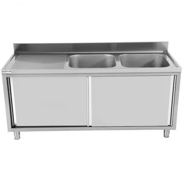 Spoeltafel | RVS | 2 Spoelbakken Rechts + Achteropstand + Schuifdeuren | 2000x700x850(h)mm
