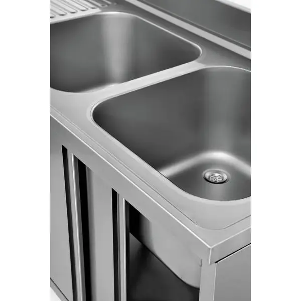 Spoeltafel | RVS | 2 Spoelbakken Rechts + Achteropstand + Schuifdeuren | 2000x700x850(h)mm