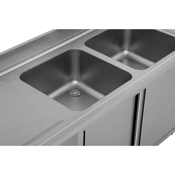 Spoeltafel | RVS | 2 Spoelbakken Rechts + Achteropstand  + Schuifdeuren | 1600x700x850(h)mm