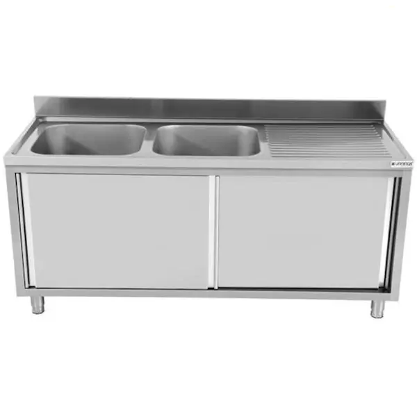 Spoeltafel | RVS | 2 Spoelbakken Links + Achteropstand + Schuifdeuren | 1800x700x850(h)mm
