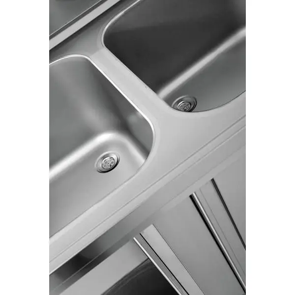 Spoeltafel | RVS | 2 Spoelbakken Links + Achteropstand + Schuifdeuren | 1800x700x850(h)mm