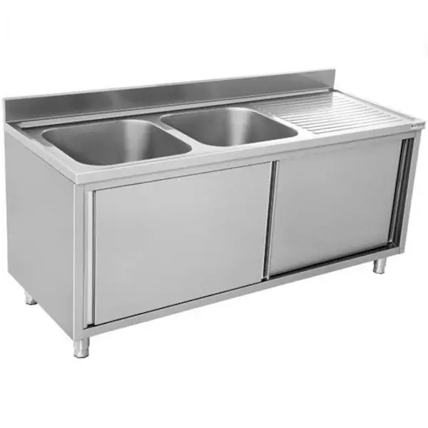 Spoeltafel | RVS | 2 Spoelbakken Links + Achteropstand + Schuifdeuren | 1600x700x850(h)mm