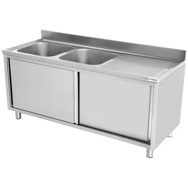 Spoeltafel | RVS | 2 Spoelbakken Links + Achteropstand + Schuifdeuren | 1600x700x850(h)mm