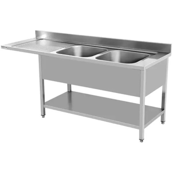 Spoeltafel | RVS | 2 Spoelbakken (Rechts) + Afdruipvlak | Bodemschap + Voorlader | Achteropstand | Gelaste Constructie | 1800x700x850(h)mm