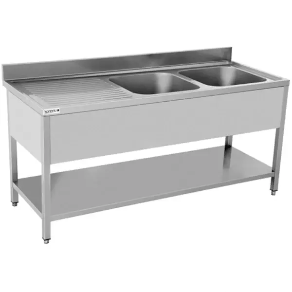 Spoelwerktafel | RVS | Rechts 2 Spoelbakken + Bodemschap | Zelfmontage | Achteropstand | 1800x700x850(h)mm