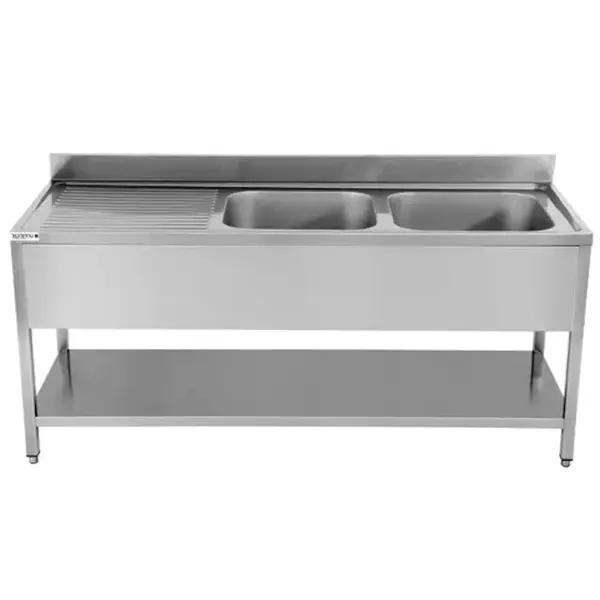 Spoelwerktafel | RVS | Rechts 2 Spoelbakken + Bodemschap | Zelfmontage | Achteropstand | 1600x700x850(h)mm