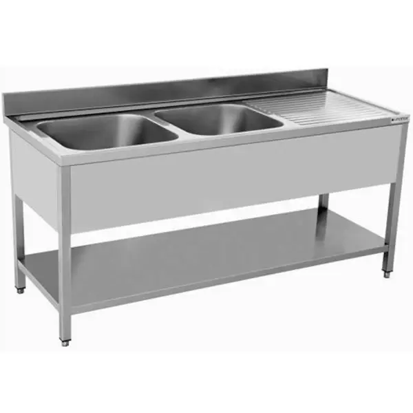 Spoelwerktafel | RVS | Links 2 Spoelbakken + Bodemschap | Zelfmontage | Met Achteropstand | 1800x700x850(h)mm