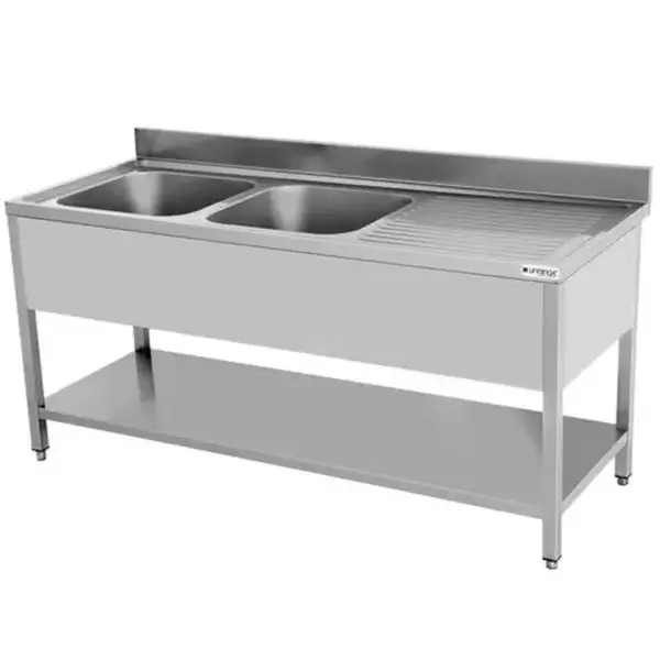 Spoelwerktafel | RVS | Links 2 Spoelbakken + Bodemschap | Zelfmontage | Achteropstand | 1600x700x850(h)mm