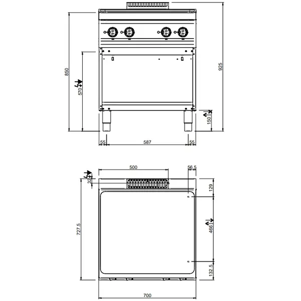 Doorkookplaat | MAGISTRA PLUS 700 | Elektrisch | 4 Zones | 9kW (400V) | Open Onderkast | 700x714x850(h)mm