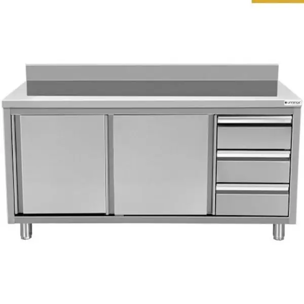 Werkbank | RVS | Schuifdeuren + Laden (Rechts) | Diepte 700 | Hoogte 850/900 | Breedte 1200-2000 | Achteropstand