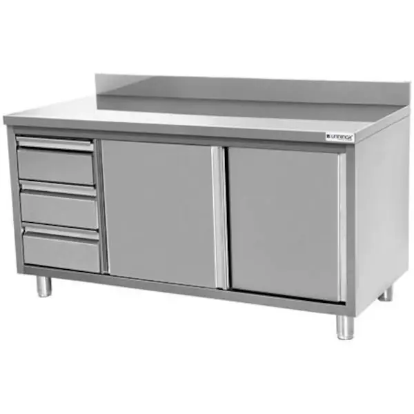 Werkbank | RVS | Schuifdeuren + Laden (Links) | Diepte 700 | Hoogte 850/900 | Breedte 1200-2000 | Achteropstand