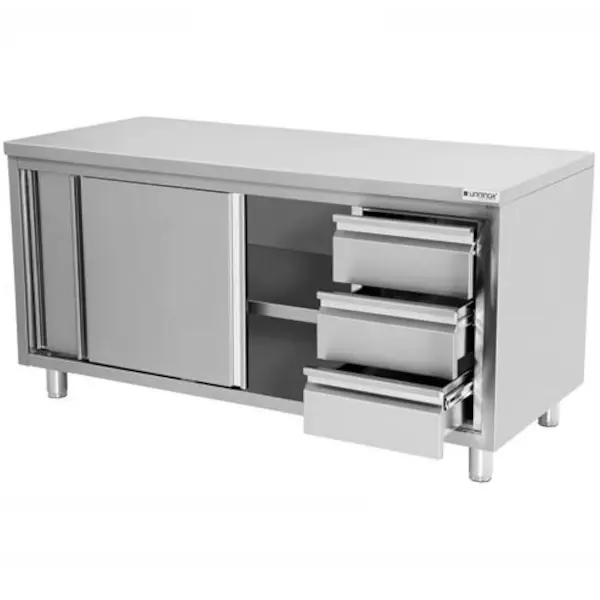 Werkbank | RVS | Schuifdeuren + Laden (Rechts) | Diepte 700 | Hoogte 850/900 | Breedte 1200-2000