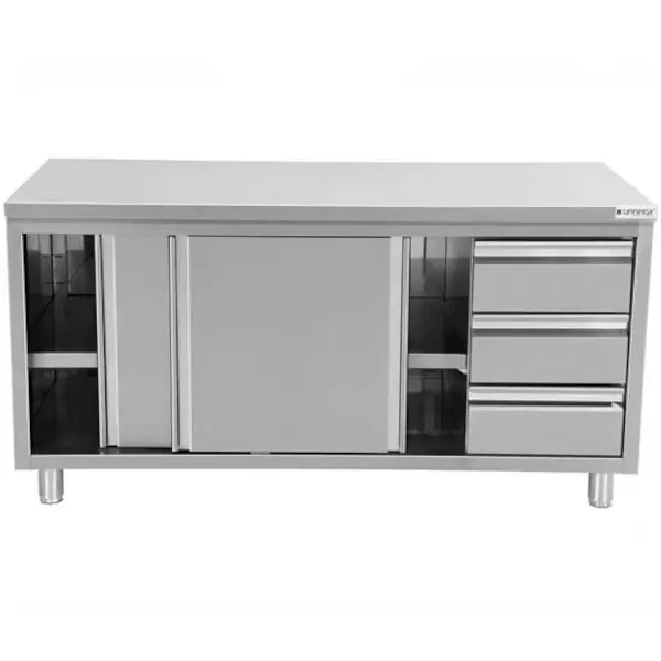 Werkbank | RVS | Schuifdeuren + Laden (Rechts) | Diepte 700 | Hoogte 850/900 | Breedte 1200-2000