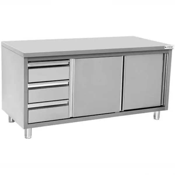 Werkbank | RVS | Schuifdeuren + Laden (Links) | Diepte 700 | Hoogte 850/900 | Breedte 1200-2000