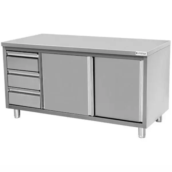 Werkbank | RVS | Schuifdeuren + Laden (Links) | Diepte 700 | Hoogte 850/900 | Breedte 1200-2000