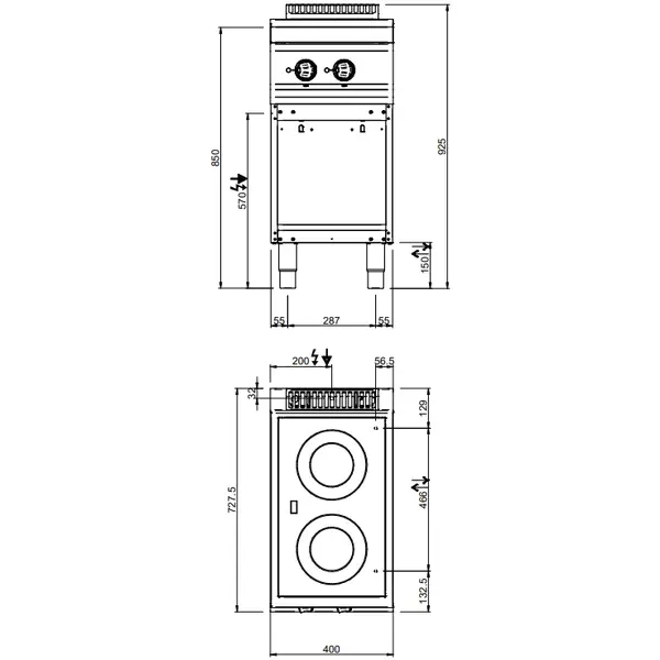 Glaskeramisch Fornuis | MAGISTRA PLUS 700 | Elektrisch | 2 Kookpunten | 4.3kW (400V) | Open Onderkast | 400x714x850(h)mm