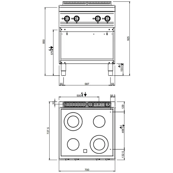 Glaskeramisch Fornuis | MAGISTRA PLUS 700 | Elektrisch | 4 Kookpunten | 8.6kW (400V) | Open Onderkast | 700x714x850(h)mm