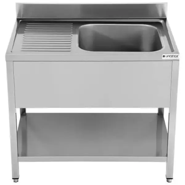 RVS Spoelwerktafel met rechts 1 spoelbak en bodemschap zelfmontage | Met achteropstand  | 1000x700x850(h)mm