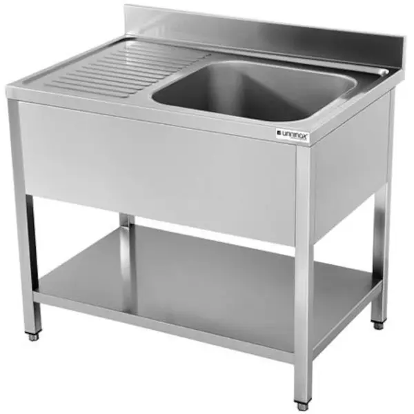 RVS Spoelwerktafel met rechts 1 spoelbak en bodemschap zelfmontage | Met achteropstand  | 1000x700x850(h)mm