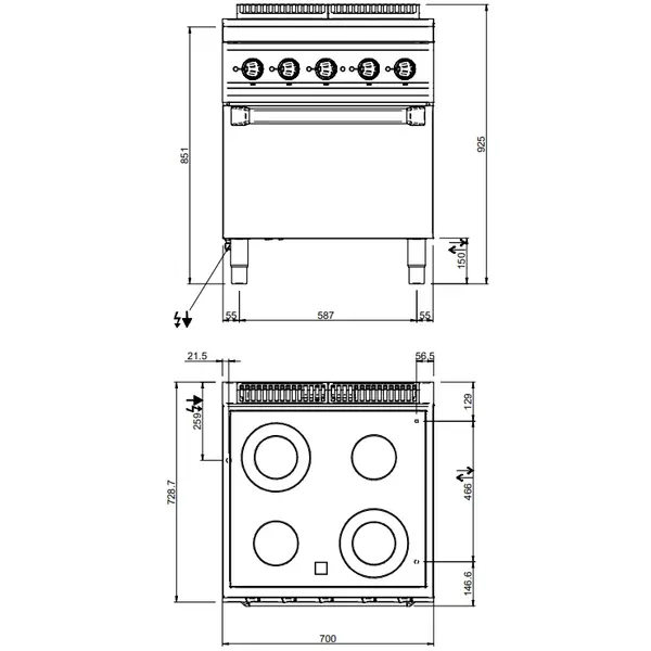 Glaskeramisch Fornuis + Oven | MAGISTRA PLUS 700 | Elektrisch | 4 Kookpunten + 2/1 GN Oven | 13.9kW (400V) | 700x714x850(h)mm