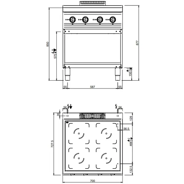 Inductiefornuis | MAGISTRA PLUS 700 | 4 Kookpunten | 14kW (400V) | Open Onderkast | 700x714x850(h)mm