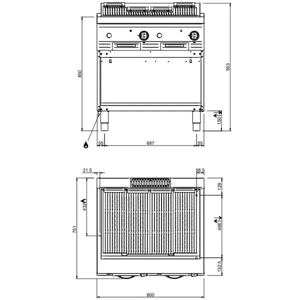 Lavasteengrill | MAGISTRA PLUS 700 | Gas | Oppervlak 704x475 (Gietijzer) | 15kW | Piëzo Ontsteking | Open Onderkast | 800x714x250(h)mm