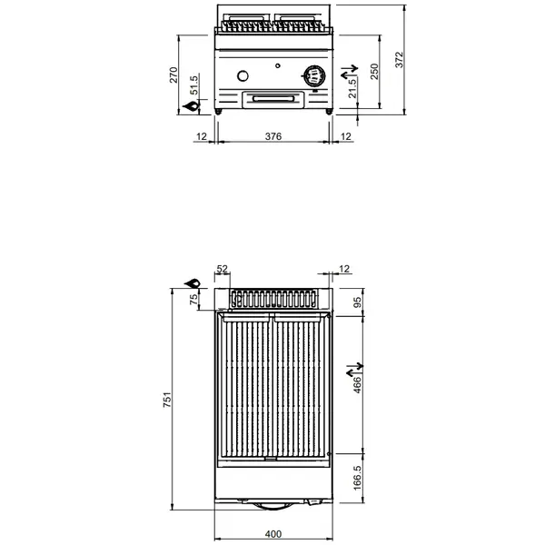 Lavasteengrill | MAGISTRA PLUS 700 | Gas | Oppervlak 352x475 (Gietijzer) | 7.5kW | Piëzo Ontsteking | 400x714x250(h)mm