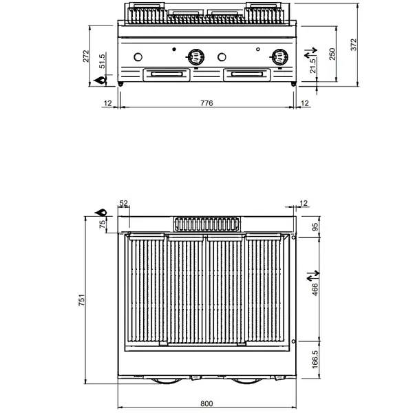 Lavasteengrill | MAGISTRA PLUS 700 | Gas | Oppervlak 704x475 (Gietijzer) | 15kW | Piëzo Ontsteking | 800x714x250(h)mm