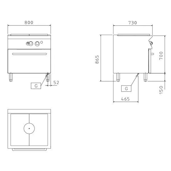 Doorkookplaat + Oven | MAXIMA 700+ | Gas | 10.5kW + 2/1 GN Oven (6kW) | Waakvlam/Piëzo | 800x900x850/865(h)mm