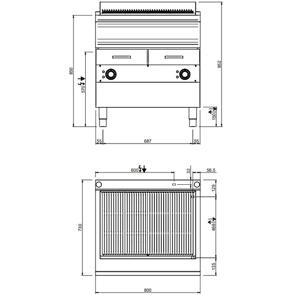 Stoomgrill | MAGISTRA PLUS 700 | Elektrisch | Oppervlak 704x475 (Gietijzer) | 12kW (400V) | 2 Uitneembare Waterladen | 800x714x850(h)mm
