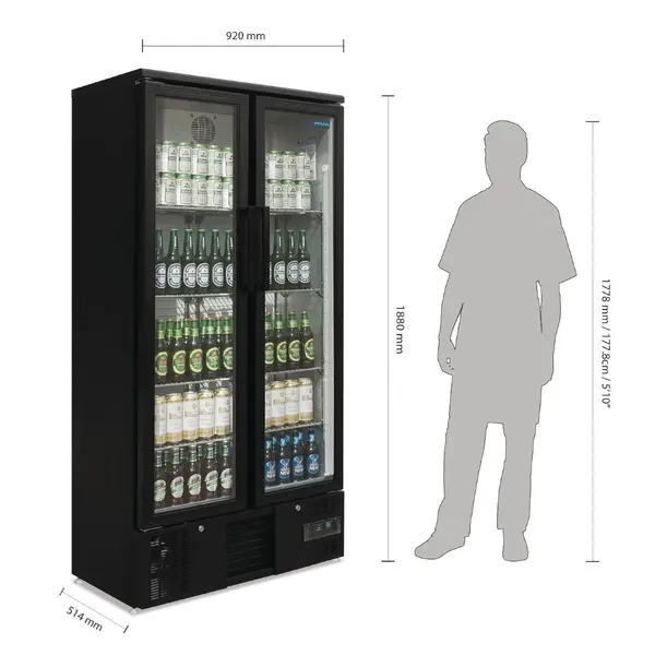 Drankenkoeling | 490L | Zwart | +2°C/+8°C | Statisch + Ventilator | Draaideuren | Wielen | 920x514x1880(h)mm