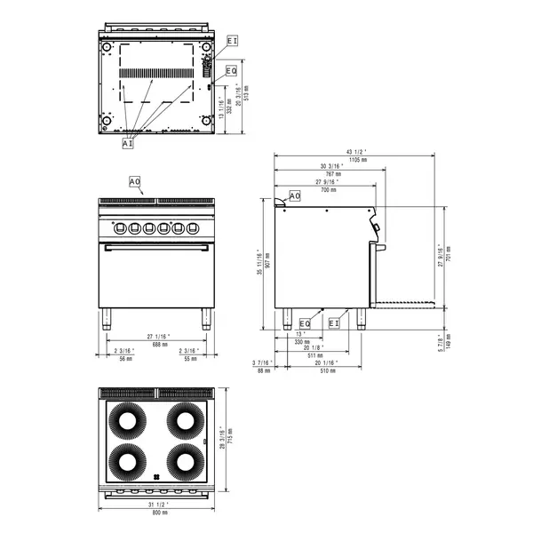 Glaskeramisch Fornuis + Oven | MAXIMA 700+ | Elektrisch | 4 Kookpunten (Ø230) + 2/1 GN Oven | 14.8kW (400V) | 800x700x850/907(h)mm