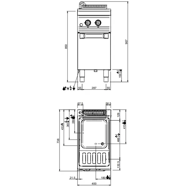 Pastakoker | MAGISTRA PLUS 700 | Gas | 26L | 8.5kW (230V) | Vulkraan + Aftapkraan | Piëzo Ontsteking | 400x714x850(h)mm