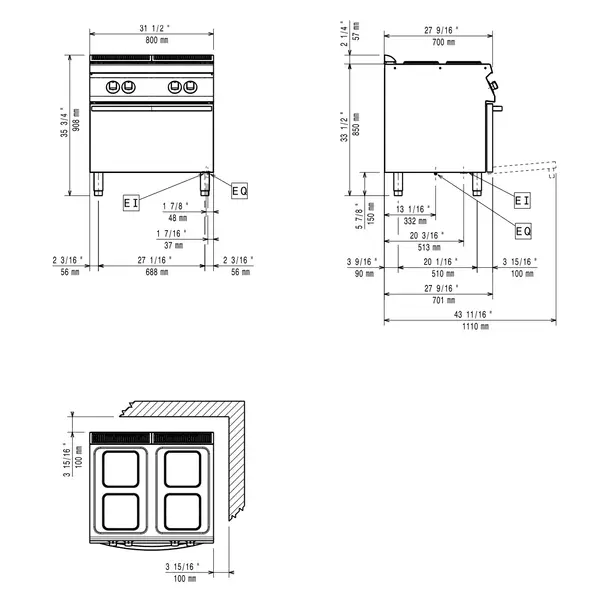 Fornuis + Oven | MAXIMA 700+ | Elektrisch | 4 Kookpunten (230x230) + 2/1 GN Oven | 16.4kW (400V) | 800x700x850/908(h)mm
