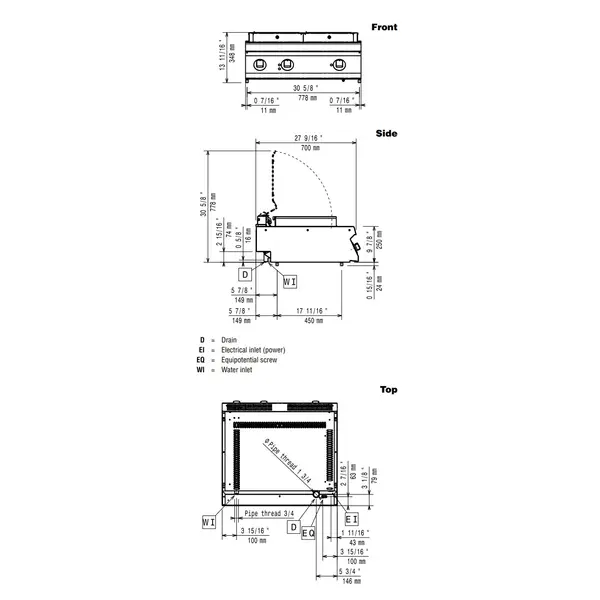 High Power Stoomgrill | MAXIMA 700+ | Elektrisch | Oppervlak 690x400 (RVS) | 7.5kW (230V-3F) | Vulkraan + Aftapkraan | 800x700x274/348(h)mm