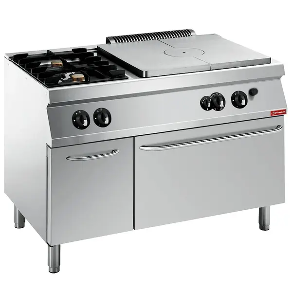 Fornuis/Doorkookplaat + Oven | MAXIMA 700+ | Gas | 2 Branders (2x 5.5kW) + Plaat (7kW) + 2/1 GN Oven (6kW) | Waakvlam/Piëzo | Neutraal Vak | 1200x700x850/908(h)mm