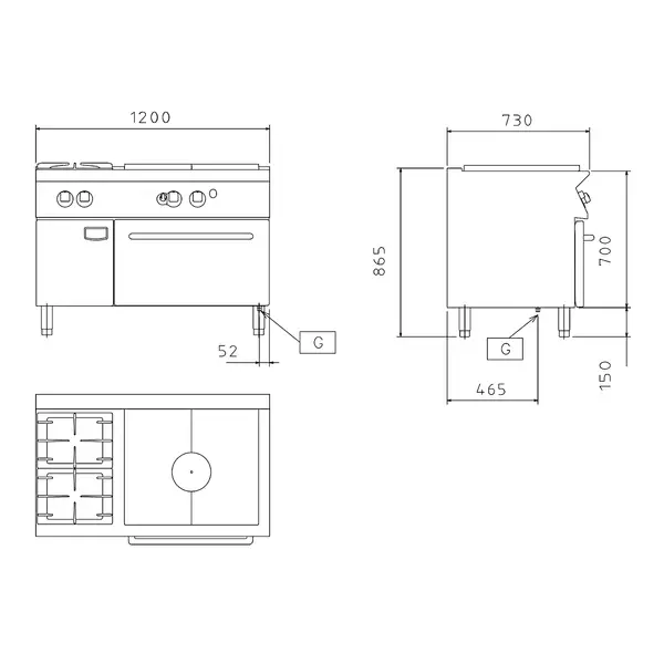 Fornuis/Doorkookplaat + Oven | MAXIMA 700+ | Gas | 2 Branders (2x 5.5kW) + Plaat (7kW) + 2/1 GN Oven (6kW) | Waakvlam/Piëzo | Neutraal Vak | 1200x700x850/908(h)mm